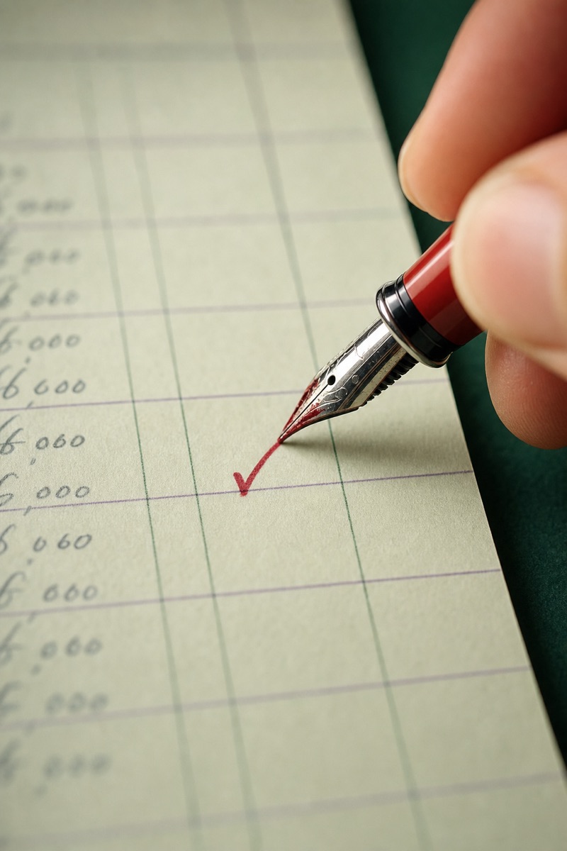 A red fountain pen drawing a check mark in the margin of a ledger page