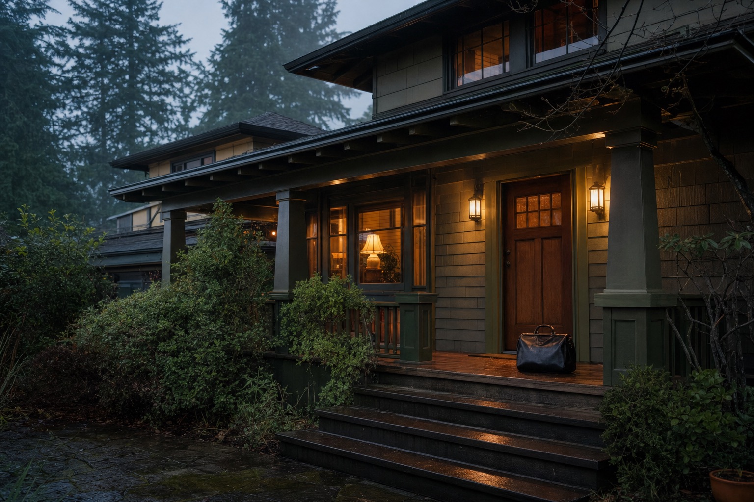 A black leather doctor's bag on the front steps of a Seattle Craftsman house at dusk