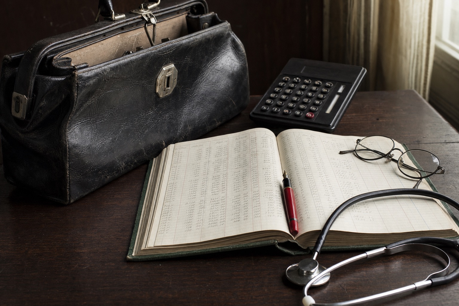 A doctor's bag, an open green ledger, a stethoscope, and a red fountain pen on a dark walnut desk